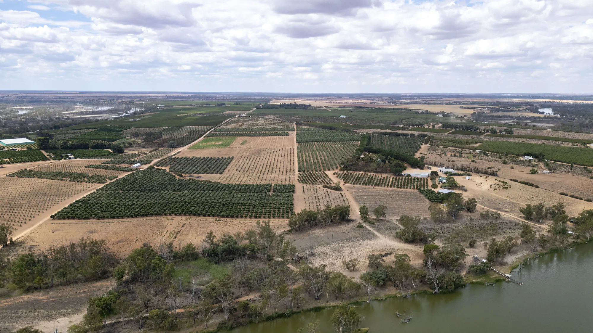 Broad aerial showing orchard blocks, open land and the River Murray corridor
