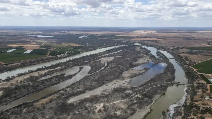 High aerial showing the winding River Murray, wetlands and irrigated country