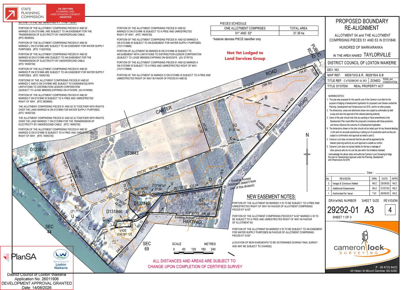 Council-stamped proposed boundary re-alignment plan for allotments at Hartwig Road, Taylorville, prepared by Cameron Lock Surveying and stamped by the District Council of Loxton Waikerie
