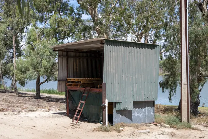 Corrugated iron shed on the riverbank beneath large gum trees
